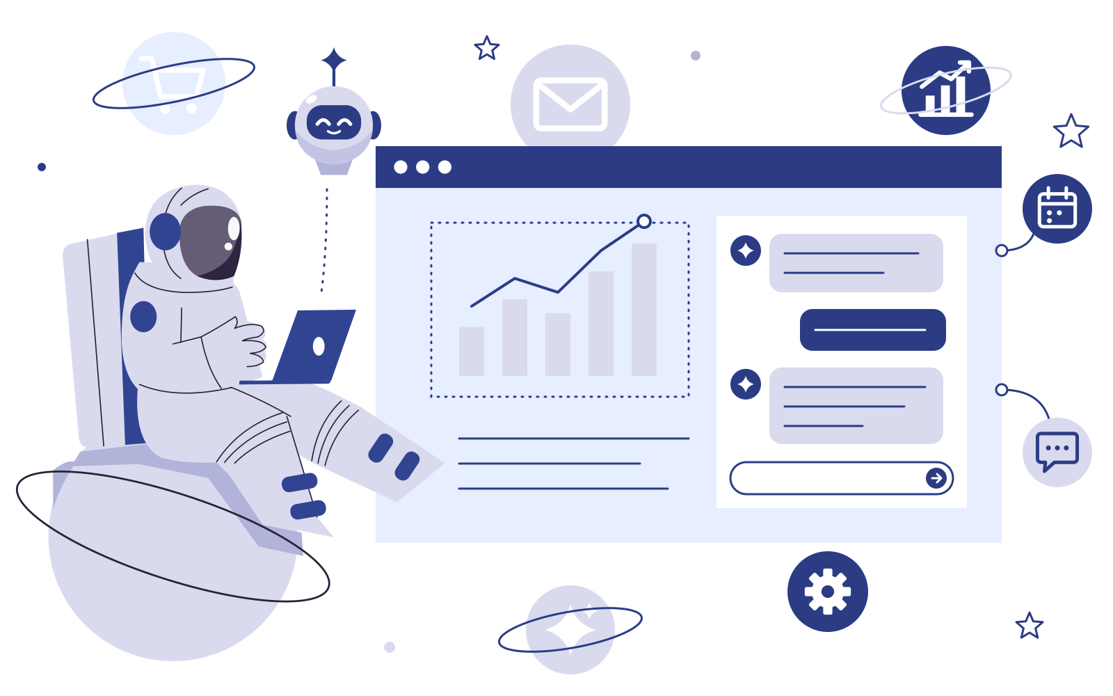 Astronaut werkt op een laptop samen met een AI-robot, naast een dashboard met grafiek en chat